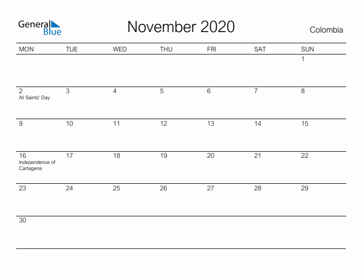 Printable November 2020 Calendar for Colombia