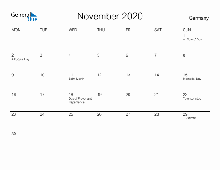 Printable November 2020 Calendar for Germany