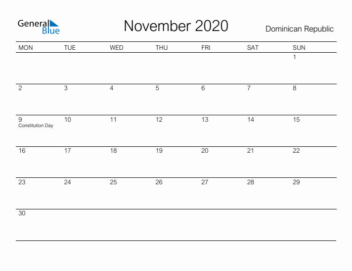 Printable November 2020 Calendar for Dominican Republic
