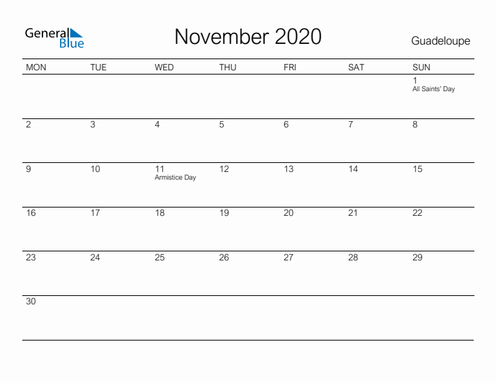 Printable November 2020 Calendar for Guadeloupe