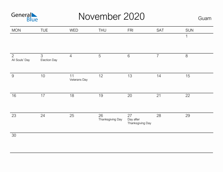Printable November 2020 Calendar for Guam