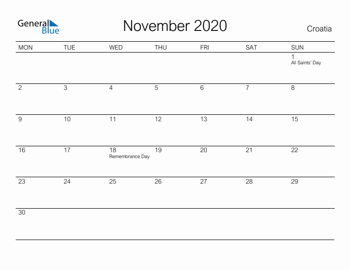 Printable November 2020 Calendar for Croatia