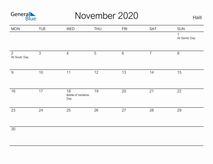 Printable November 2020 Calendar for Haiti