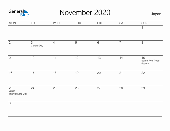 Printable November 2020 Calendar for Japan