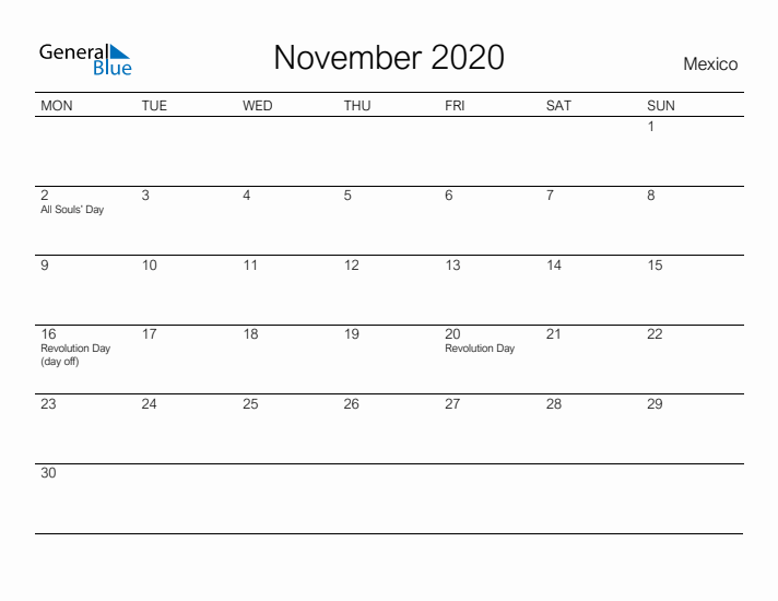Printable November 2020 Calendar for Mexico