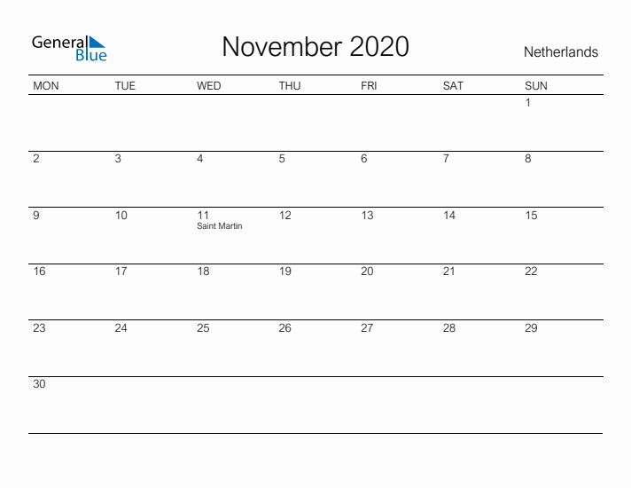 Printable November 2020 Calendar for The Netherlands