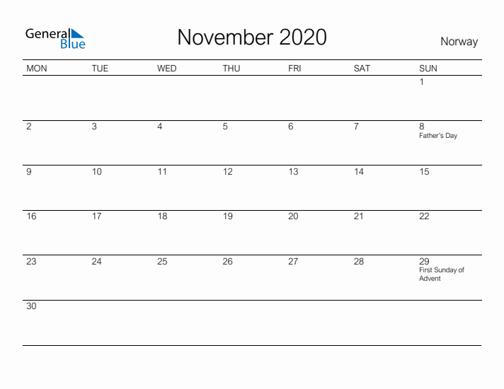 Printable November 2020 Calendar for Norway