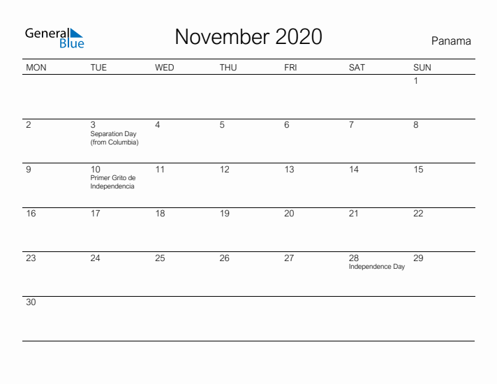Printable November 2020 Calendar for Panama