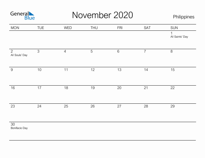 Printable November 2020 Calendar for Philippines