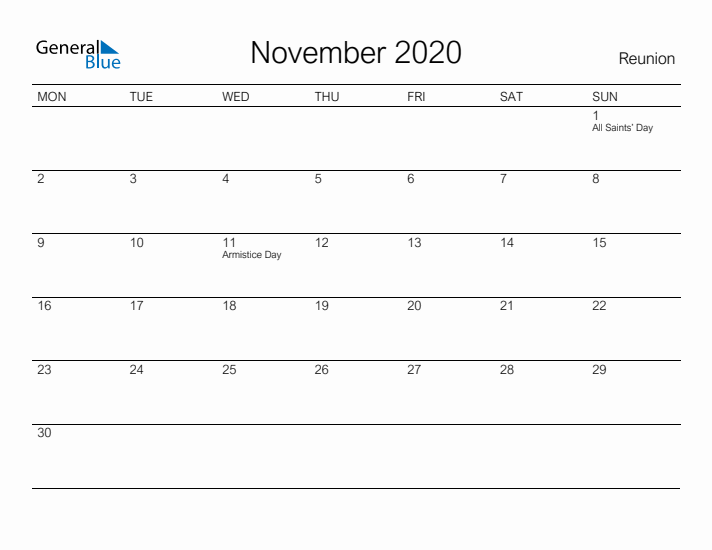 Printable November 2020 Calendar for Reunion