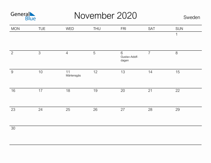 Printable November 2020 Calendar for Sweden