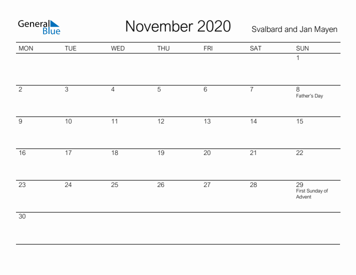 Printable November 2020 Calendar for Svalbard and Jan Mayen
