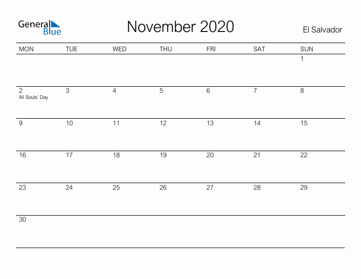 Printable November 2020 Calendar for El Salvador