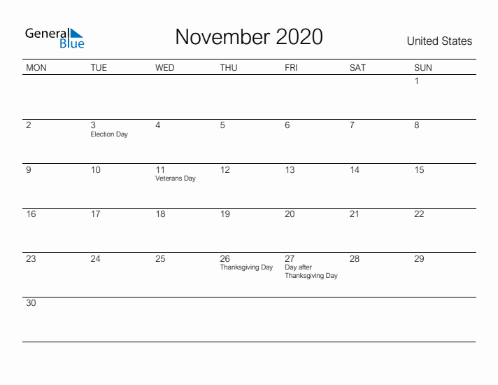 Printable November 2020 Calendar for United States
