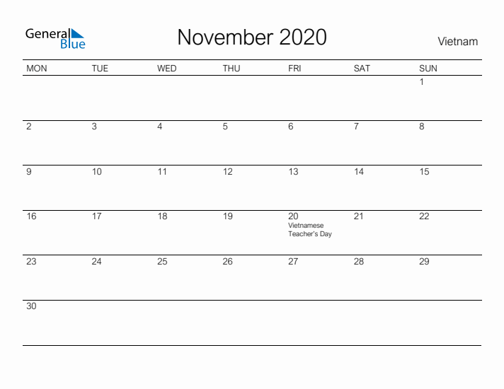 Printable November 2020 Calendar for Vietnam
