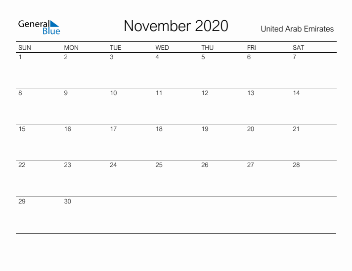 Printable November 2020 Calendar for United Arab Emirates