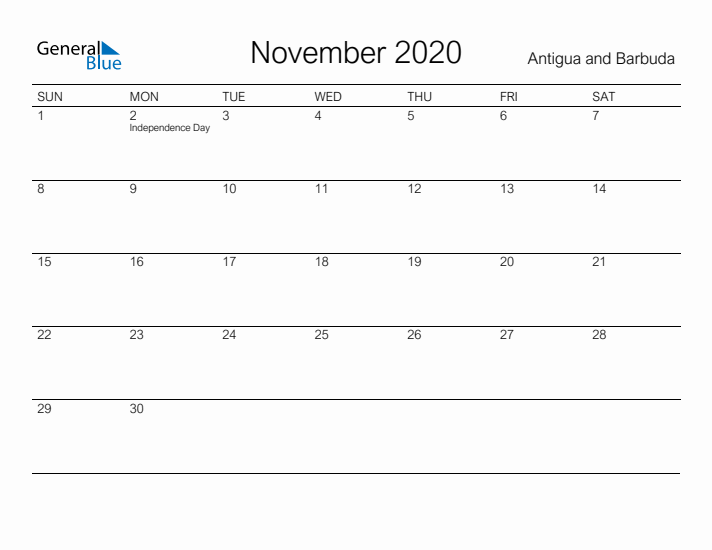 Printable November 2020 Calendar for Antigua and Barbuda