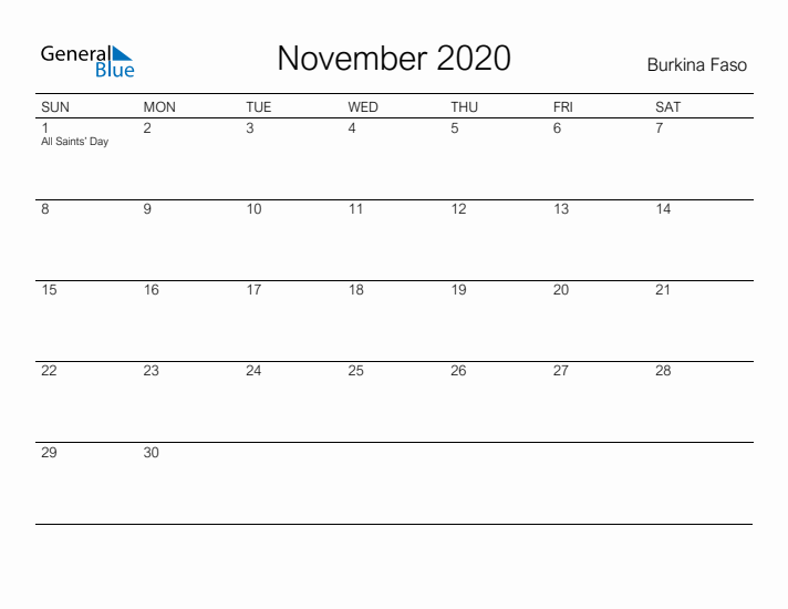 Printable November 2020 Calendar for Burkina Faso