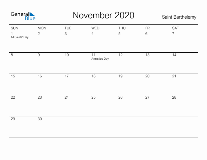 Printable November 2020 Calendar for Saint Barthelemy