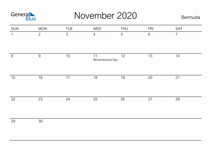 Printable November 2020 Calendar for Bermuda