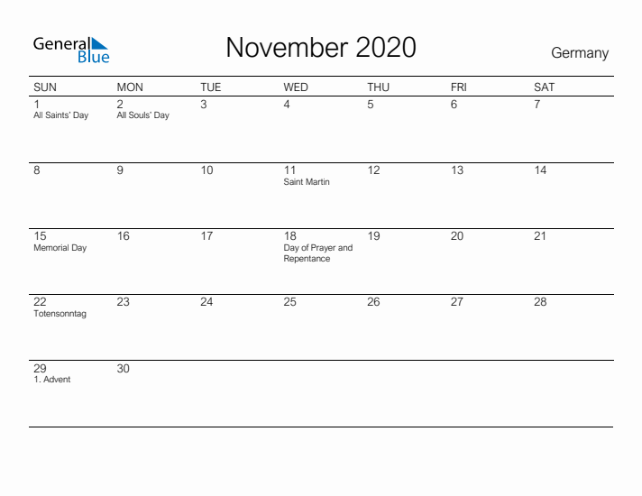Printable November 2020 Calendar for Germany