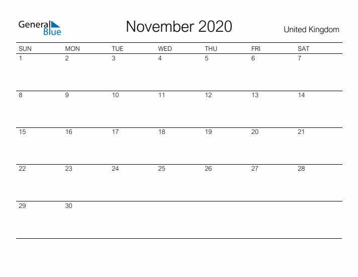 Printable November 2020 Calendar for United Kingdom