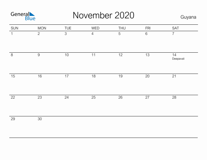 Printable November 2020 Calendar for Guyana