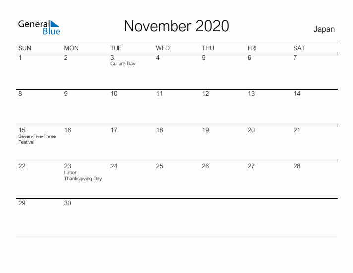 Printable November 2020 Calendar for Japan