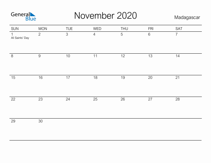 Printable November 2020 Calendar for Madagascar