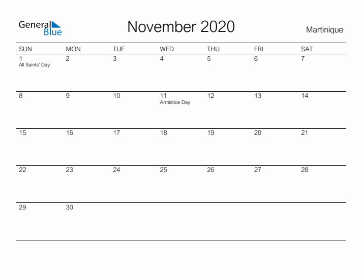 Printable November 2020 Calendar for Martinique