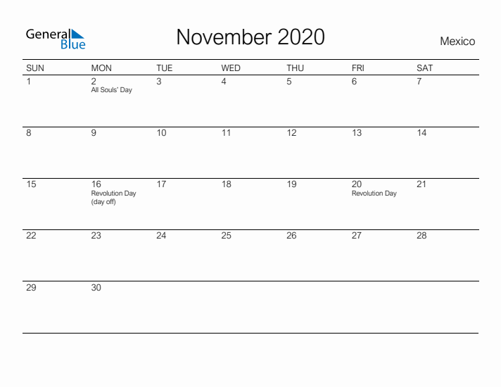 Printable November 2020 Calendar for Mexico