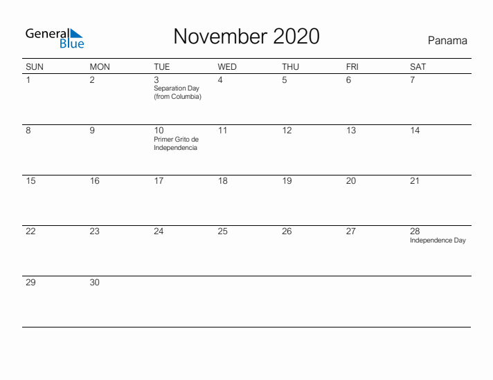 Printable November 2020 Calendar for Panama