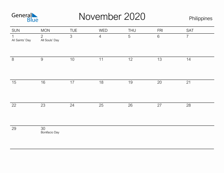 Printable November 2020 Calendar for Philippines