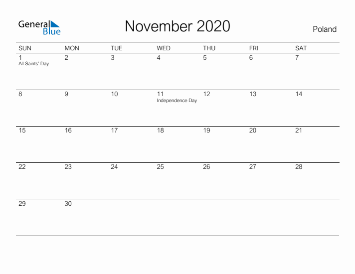 Printable November 2020 Calendar for Poland