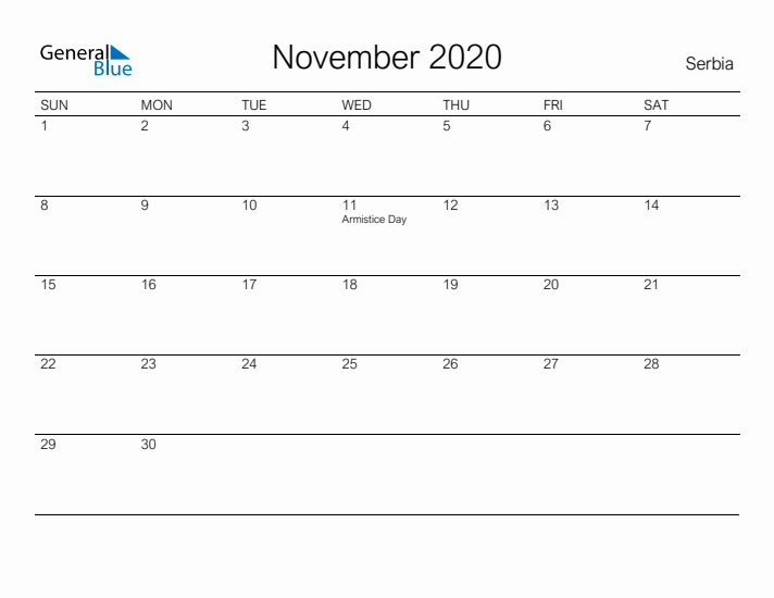 Printable November 2020 Calendar for Serbia