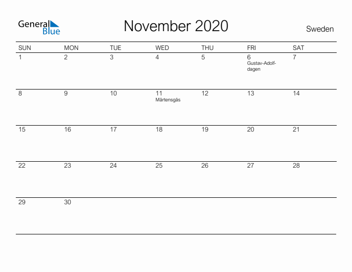 Printable November 2020 Calendar for Sweden