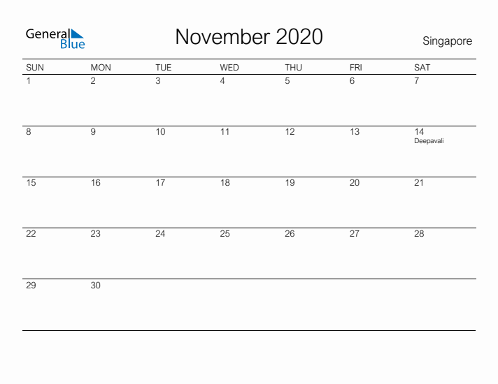Printable November 2020 Calendar for Singapore