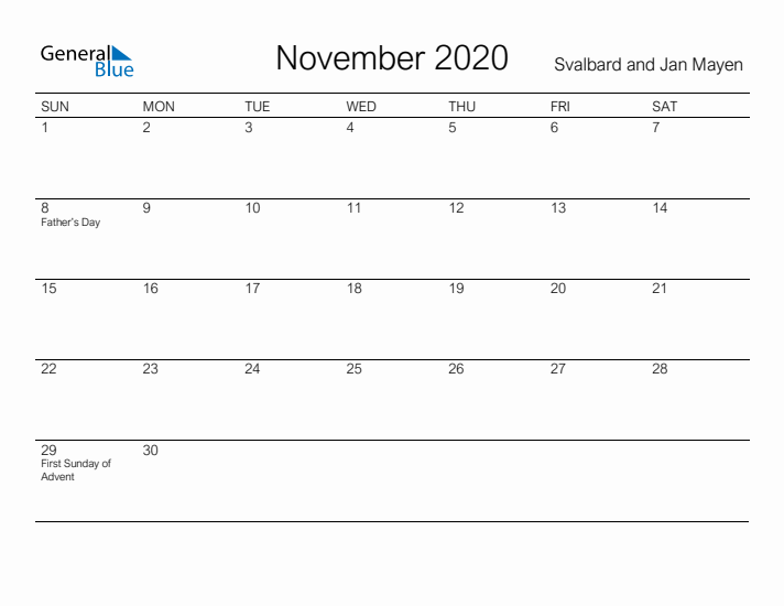 Printable November 2020 Calendar for Svalbard and Jan Mayen