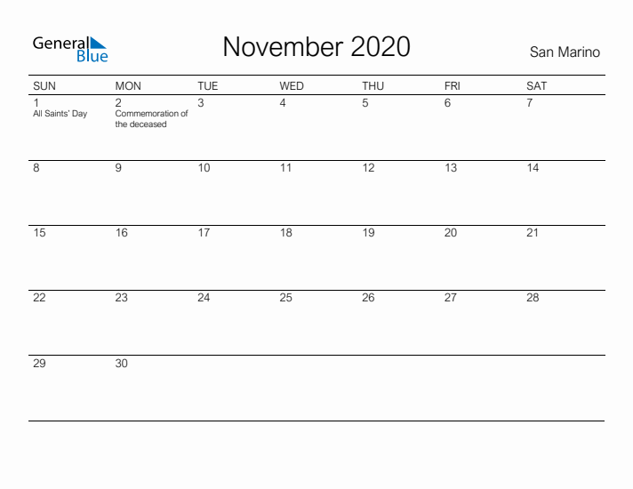 Printable November 2020 Calendar for San Marino