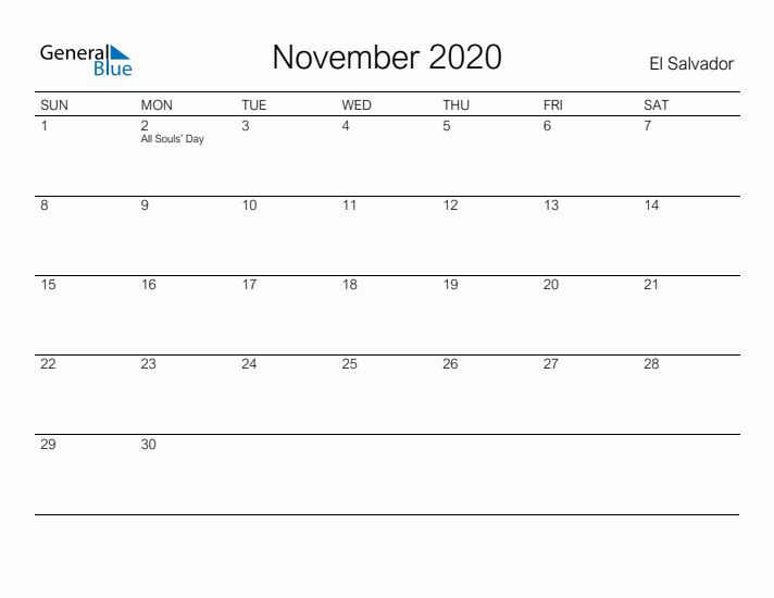 Printable November 2020 Calendar for El Salvador