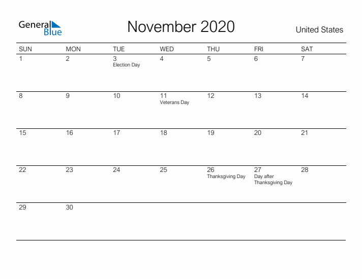 Printable November 2020 Calendar for United States
