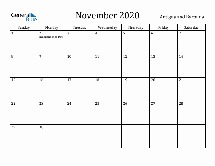 November 2020 Calendar Antigua and Barbuda
