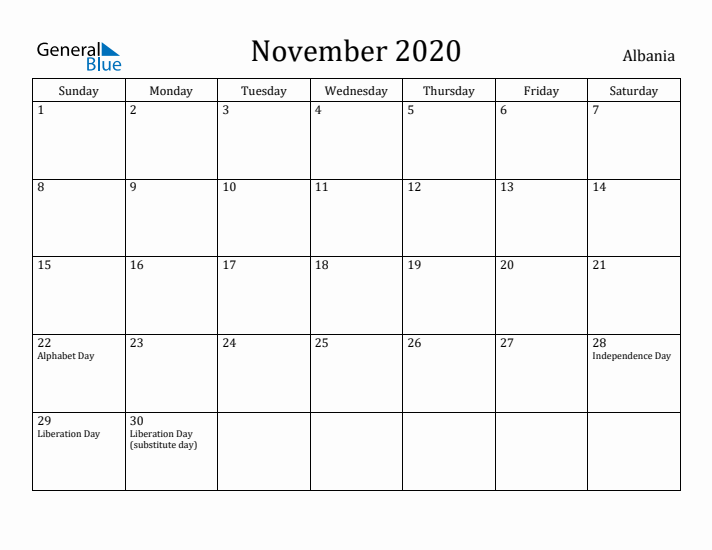 November 2020 Calendar Albania