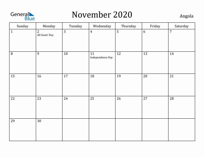 November 2020 Calendar Angola