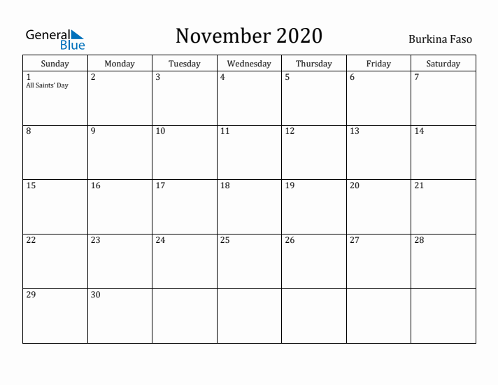 November 2020 Calendar Burkina Faso