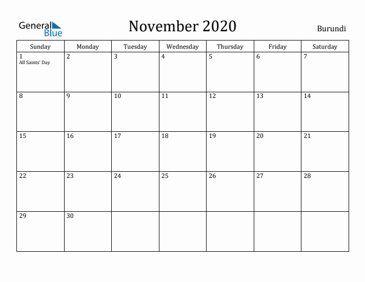 November 2020 Calendar Burundi