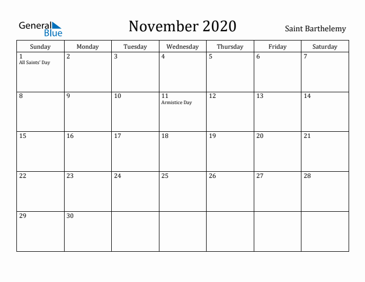 November 2020 Calendar Saint Barthelemy