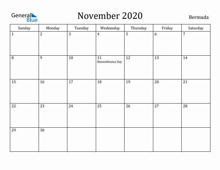 November 2020 Calendar Bermuda