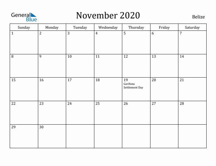November 2020 Calendar Belize