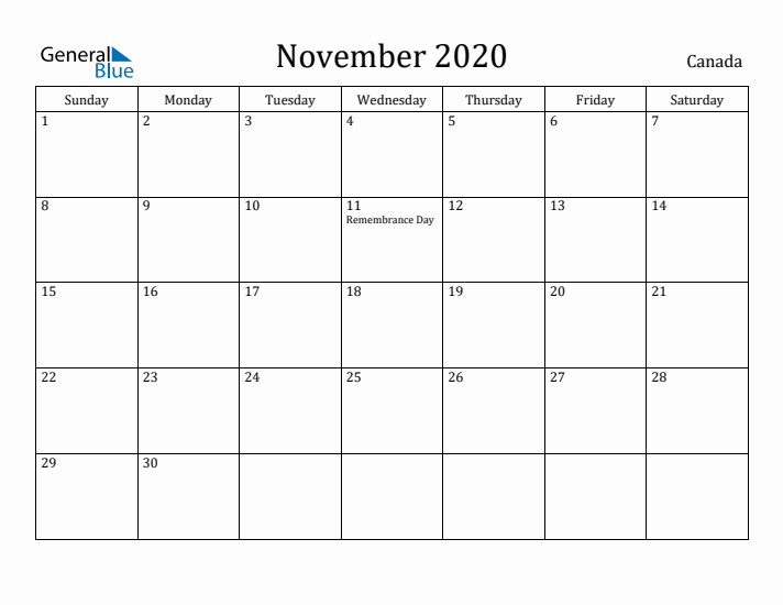 November 2020 Calendar Canada